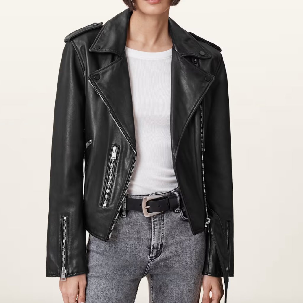 All Saints Black Balfern Leather Biker Jacket With Silver Hardware